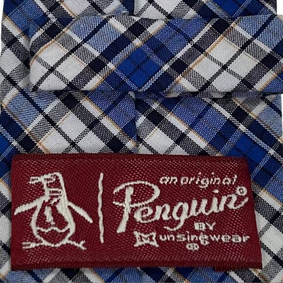 Original Penguin Men's Blue Tartan Plaid Cotton Skinny Necktie Tie - Picture 5 of 8